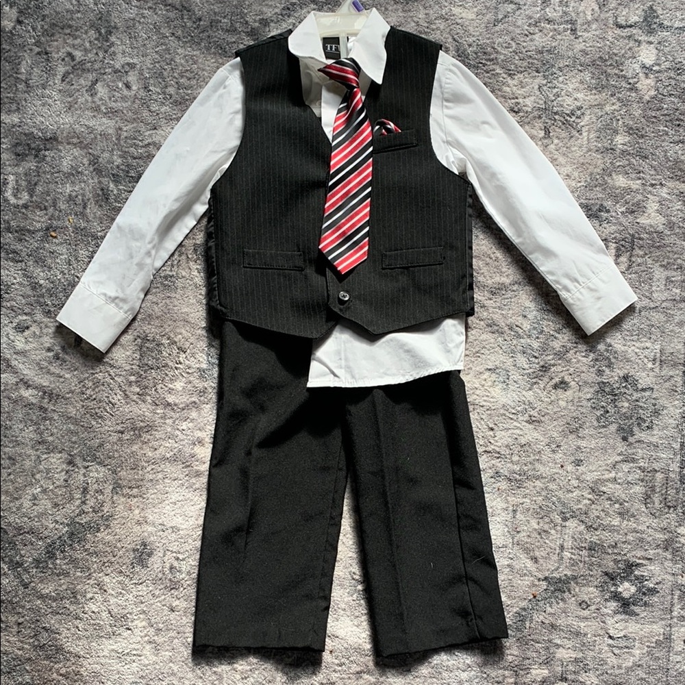 Children's Black Suit Set with Red Striped Tie